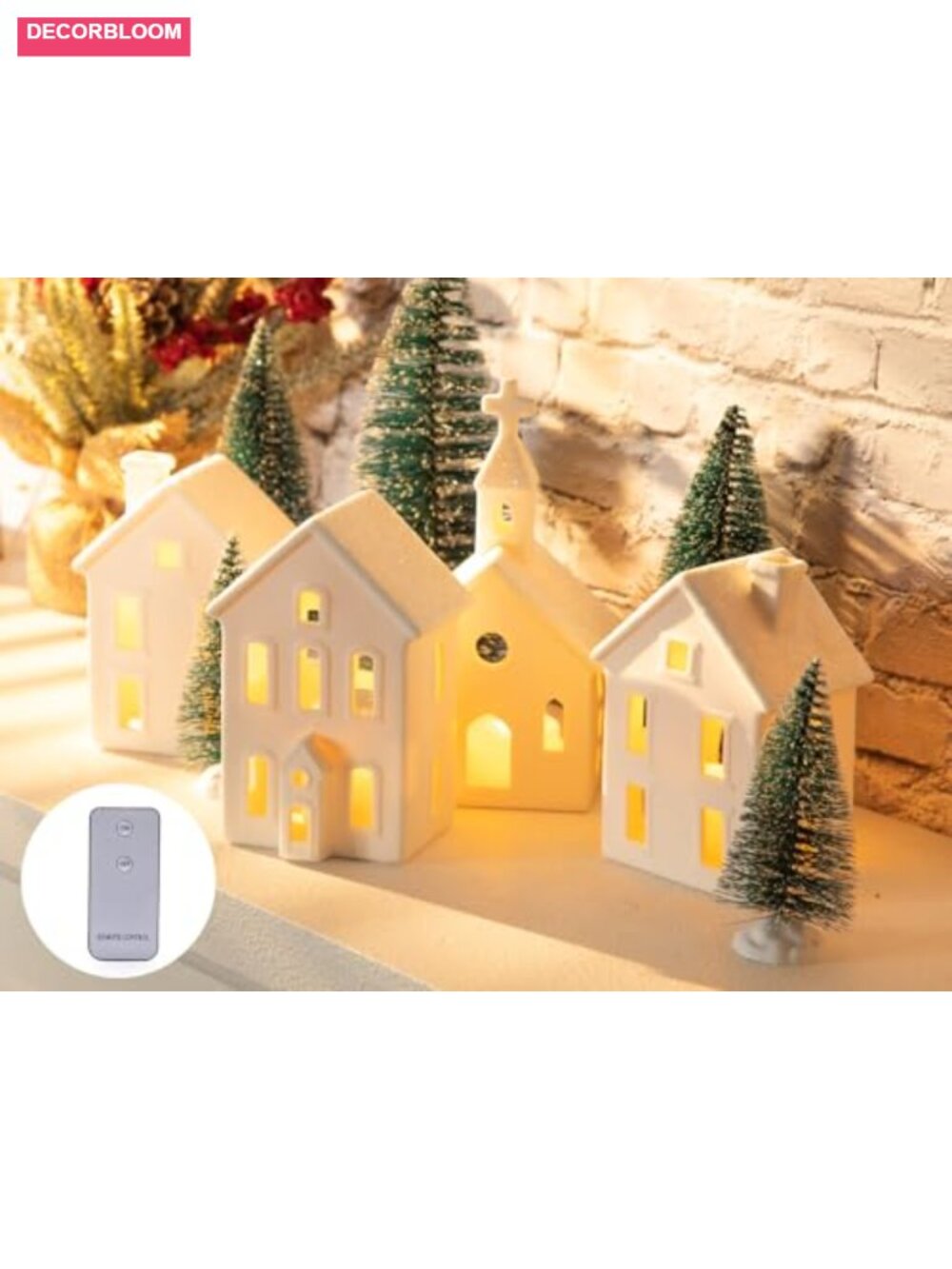 9 Piece Lighted Christmas Village Set Ceramic Houses Pine Trees LED